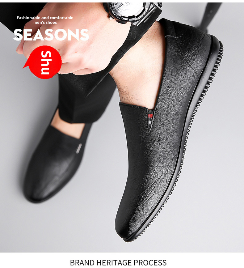 New men's casual bean shoes non-slip breathable set foot soft soles soft surface slip-on leather shoes_voghion.com