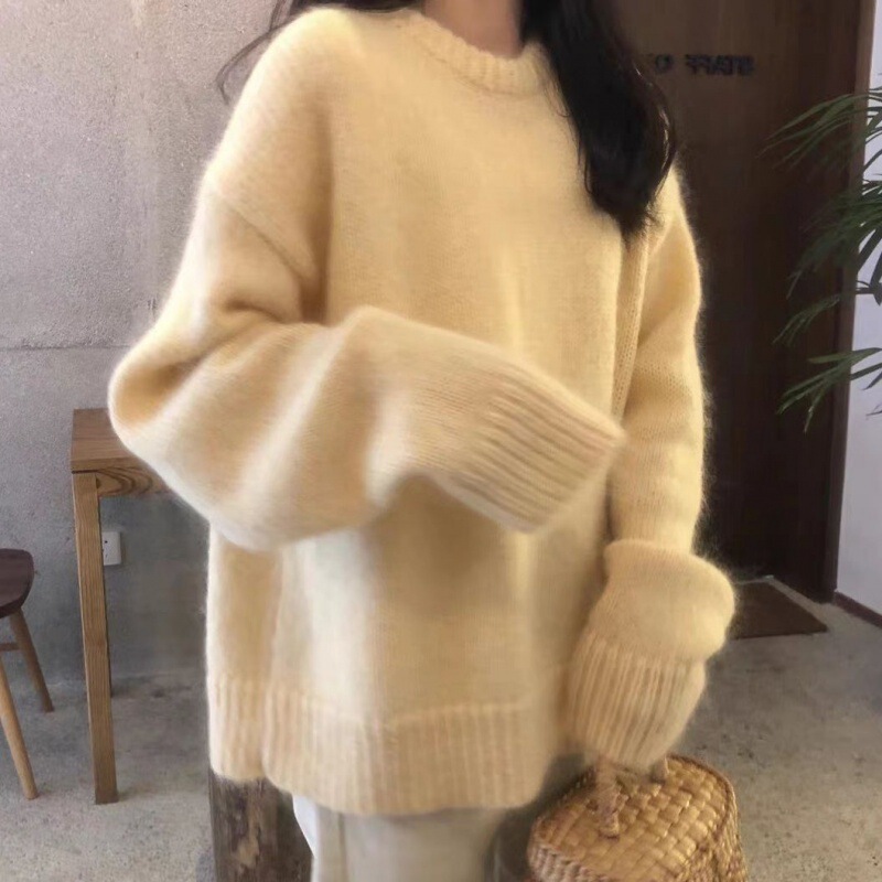 Super fairy Milky yellow pullover women's loose lazy style round neck versatile sweet autumn and winter New outer wear thickened