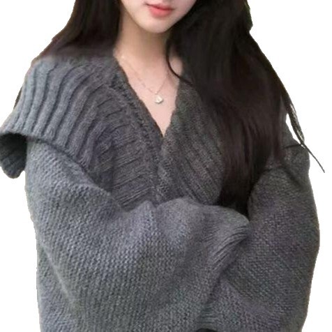 大翻领灰色斗篷大衣女秋冬新款设计感慵懒风长款披肩毛衣开衫外套|undefined