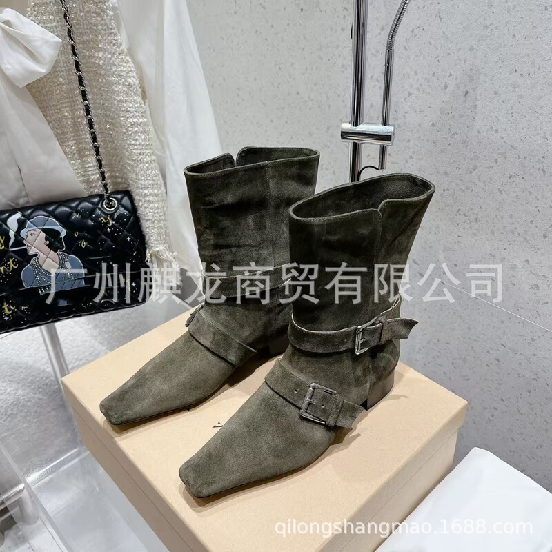 高端小众2025秋冬真皮方头复古双扣低跟中筒马丁靴西部牛仔靴单靴|undefined