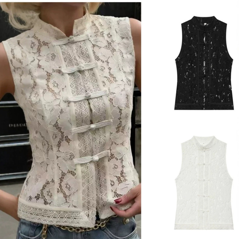 New Summer Style European and American Fashion Lace-Up Waist-Cinching Hollow Lace Crochet Stand-Collar Sleeveless Vest Top
