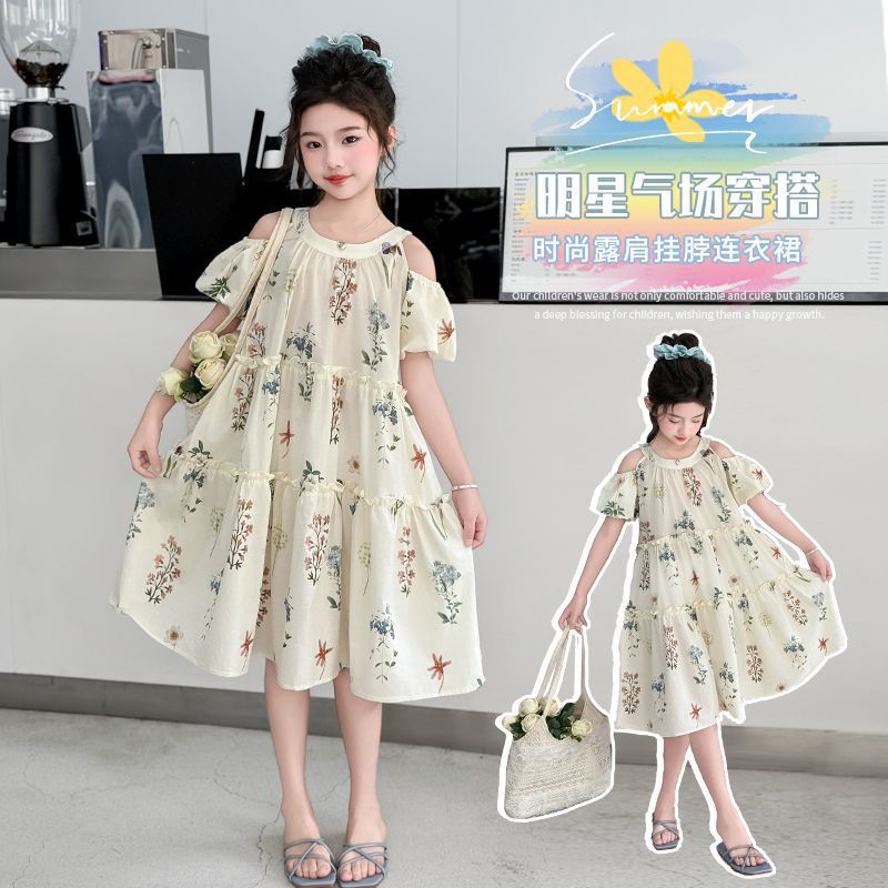 Girls Dress Summer 2025 New Pure Cotton Floral Style Off-Shoulder Girl Princess Dress Summer Children's Dress