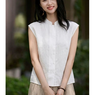 【MD定单】白色亚麻无袖衬衫女新款夏季立领宽松显瘦通勤优雅衬衣