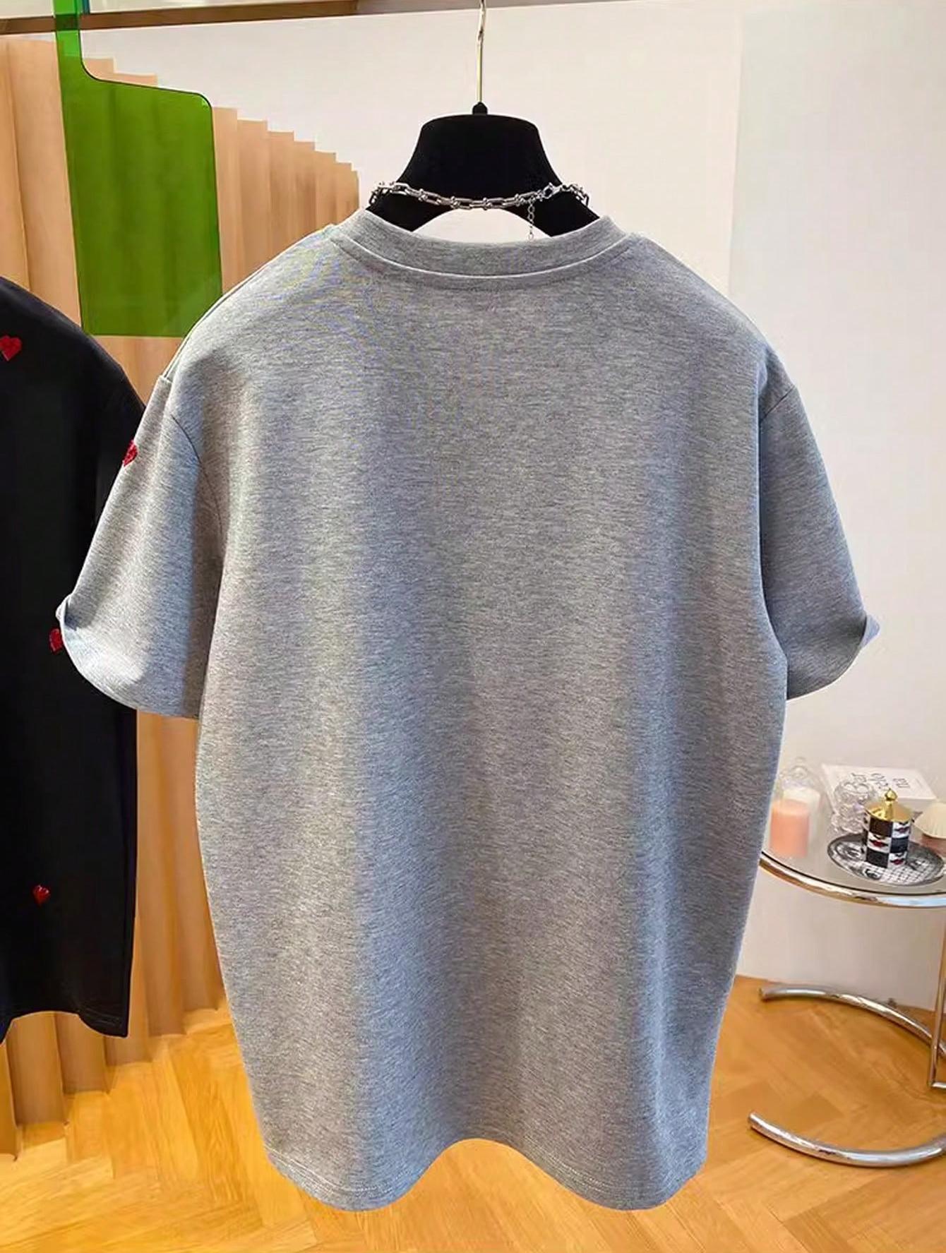 Women's Heart Embroidered T-Shirt Short Sleeved 3D Loose Fit European American Style Summer Top_ecoleips.com