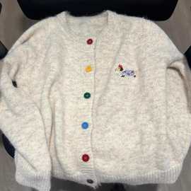 秋冬糖果色扣子毛衣开衫女小狗刺绣软糯外套甜美百搭美式复古上衣