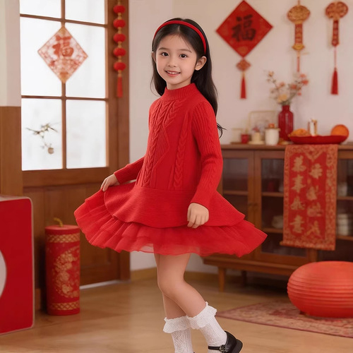 Children's clothing 2025 autumn and winter girls Christmas red knitted sweater dress long-sleeved fluffy princess dress