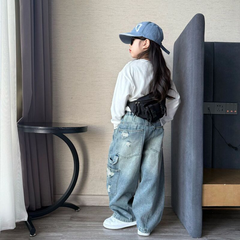 女童秋季潮酷休闲风工装牛仔裤老爹裤中大童韩版洋气百搭长袖T恤9|undefined