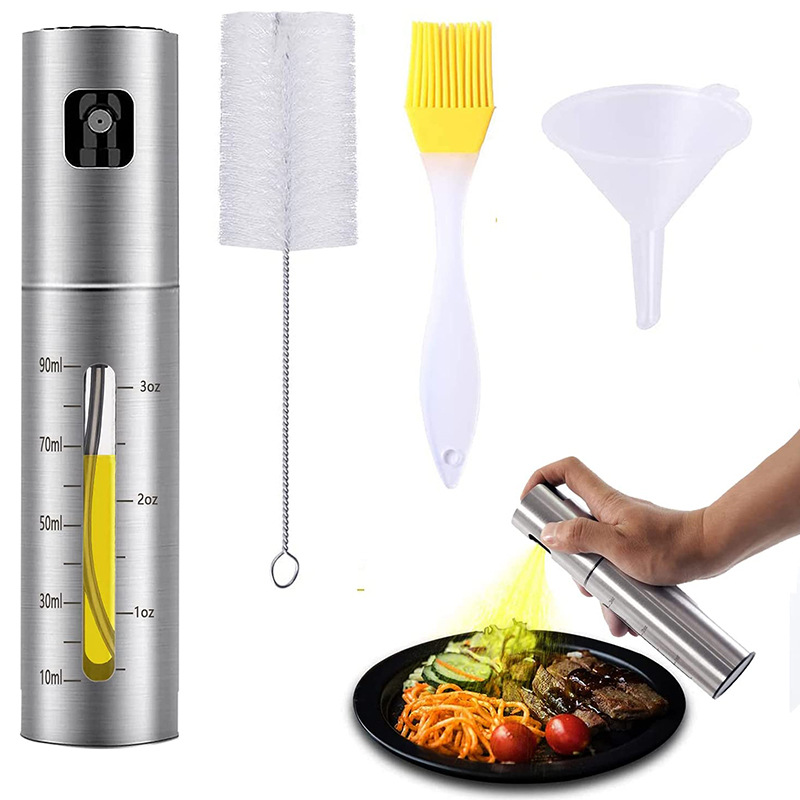Stainless Steel Oil Spray Bottle, Press-Type BBQ Oil Dispenser, Oil and Vinegar Bottle with Measuring Scale, Oil Can Set Complete with Brush and Cleaning Scrub