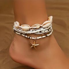 歐美跨境時尚沙灘度假風貝殼海星米珠腳鏈春夏海洋風多層疊戴腳飾