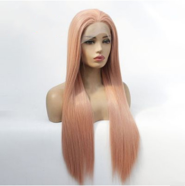 Peruca de fibra química de dama humo rosa parcial recto frente encaje de seda de alta temperatura cubierta de cabeza LW0185