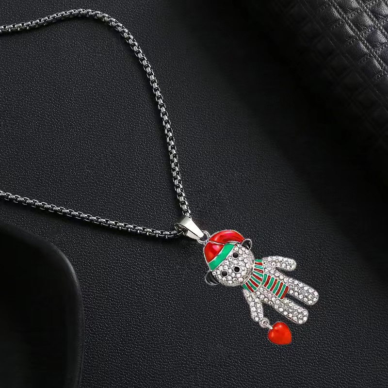 Geschenk Voller Diamant Rot Pfirsich Herz Bär Halskette Modische und Minimalistischen Lange Pullover Kette Anhänger_voghion.com