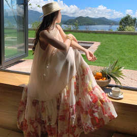 实拍无袖挂脖绝美连衣裙女法式高级感精致海边度假仙女长裙