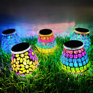 Cross-Border Solar Mosaic Glass Jar Lamp Mason Jar Lamp Outdoor Waterproof Glass Led Lamp Lantern