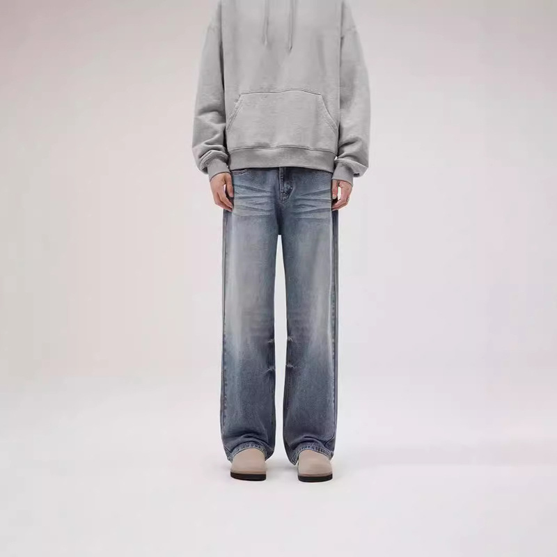 OTTB Men's | American cleanfit Loose Straight Jeans Men's Ice Blue Hand Spray Cat Whare Men's Pants