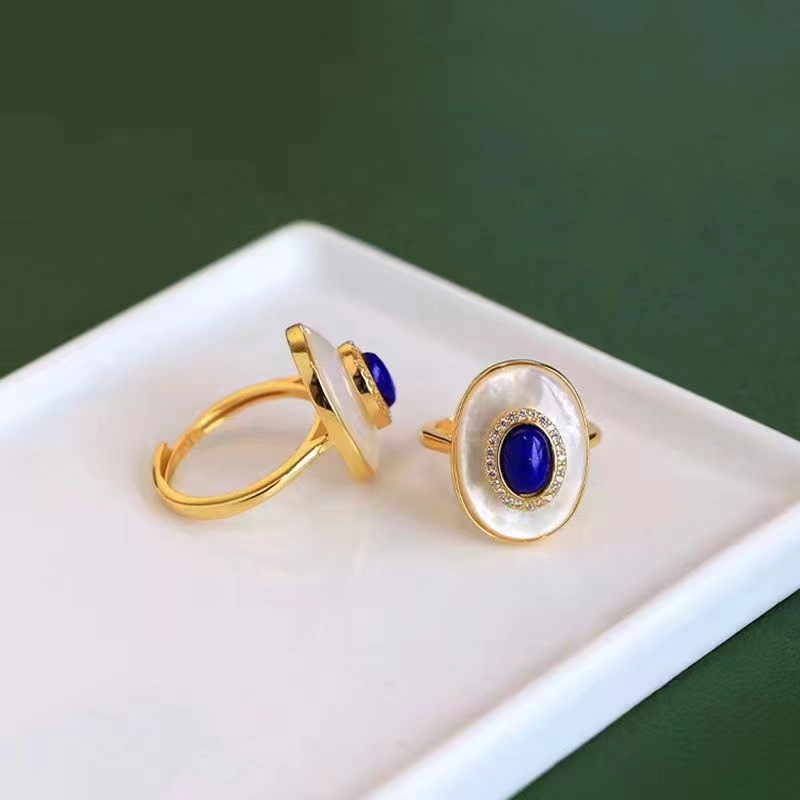 Elegant White Shell And Lapis Lazuli Ring With Zircon For Women_voghion.com