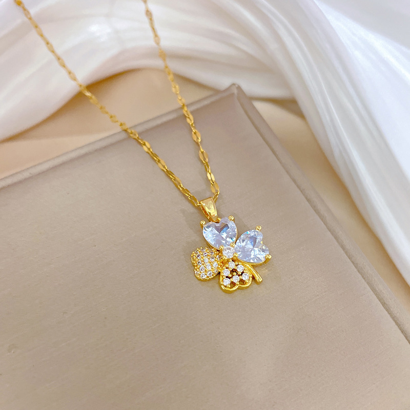 【钛钢】四叶满钻项链耳环套装轻奢微镶个性气质宴会耳饰项饰组合详情10