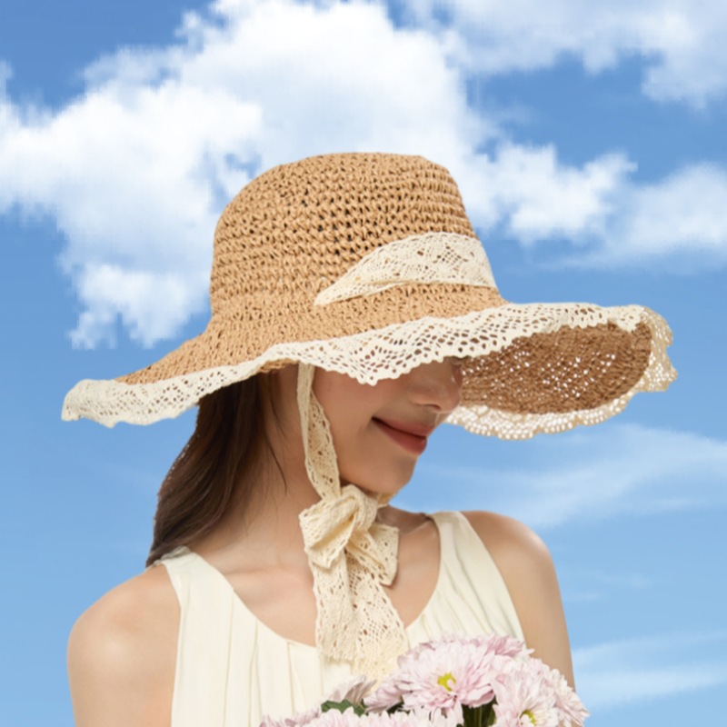 夏季出游防晒手工草编帽女沙滩海边户外太阳帽蕾丝边钩针遮阳帽子