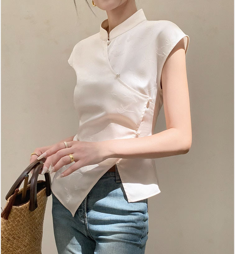 Áo thun nữ không tay kiểu Trung Quốc mới, ôm dáng, màu trắng be — Màu trắng be chi tiết 3