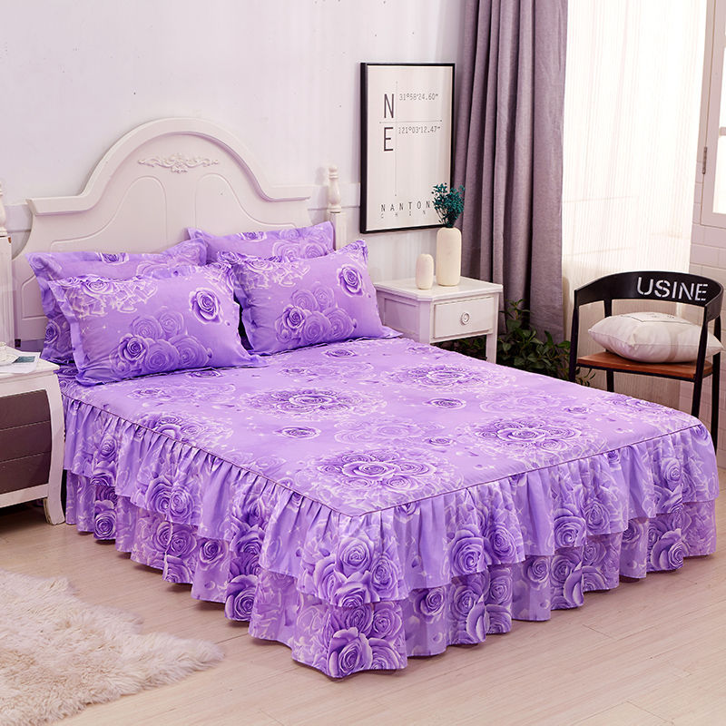 Falda de cama coreana Falda de cama de algodón de imitación agradable para la piel Funda de cama individual para dos piezas de tres piezas Funda de cama de encaje de doble capa de tres piezas image 15