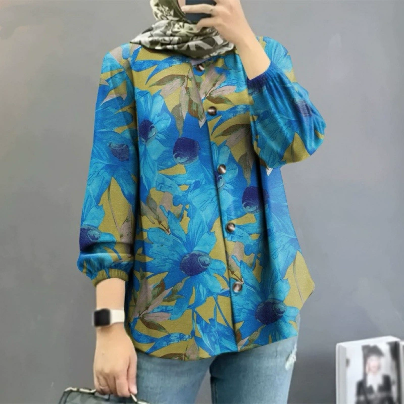 Кросс-бордерная женская мусульманская рубашка с цветочным принтом Amazon Ближний Восток Малайзия 2024, модные пышные рукава, оптовая партия от производителя