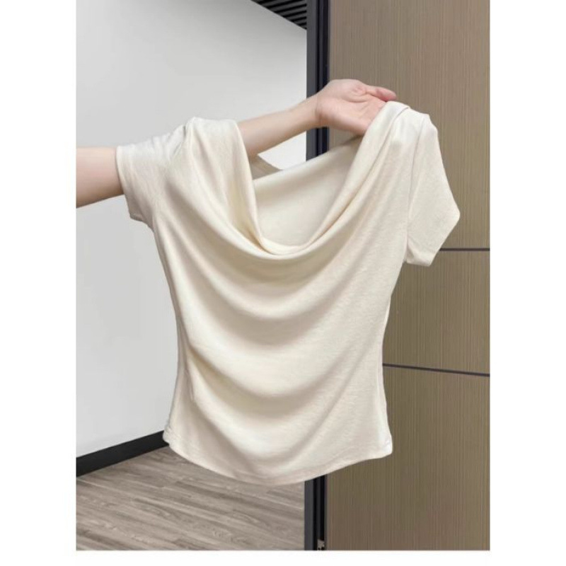 卸売 [7 色] 甘くてスパイシーなフレンチスタイルのワンショルダー T シャツ女性の夏のプリーツ痩身ショートトップ|undefined