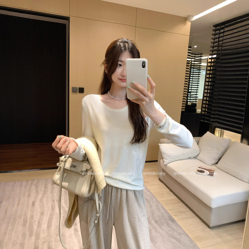 欧货早秋穿搭纯色圆领长袖针织衫女2025新款宽松显瘦百搭气质上衣|undefined