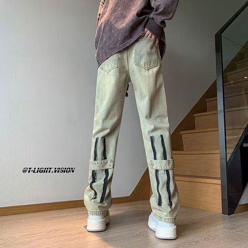 Men's Yellow Clay Color Denim Jeans Spring and Autumn Season Streetwear Cool Gangster American Style Micro Bell-bottom High Street Vibe Straight Leg Wide Leg Pants