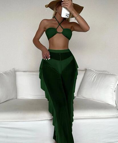 Bikini three-piece gauze pants solid color Amazon bikini AliExpress European and American split swimsuit sexy high waist