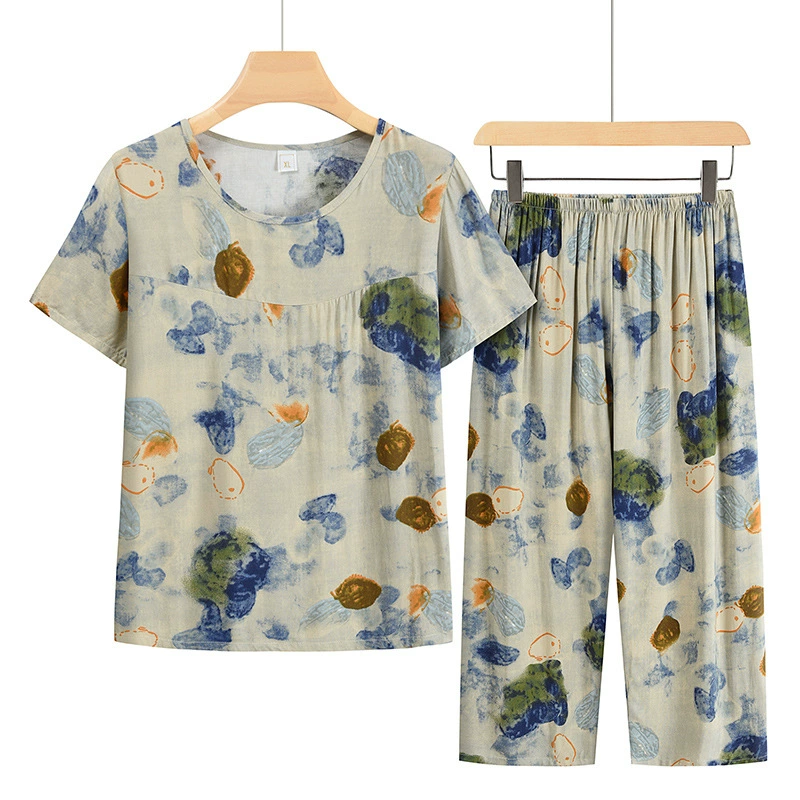 Летний костюм 2025, новая одежда для женщин среднего и пожилого возраста, одежда для мам и бабушек, одежда с короткими рукавами, комплект из двух предметов из хлопка и шелка для пожилых женщин