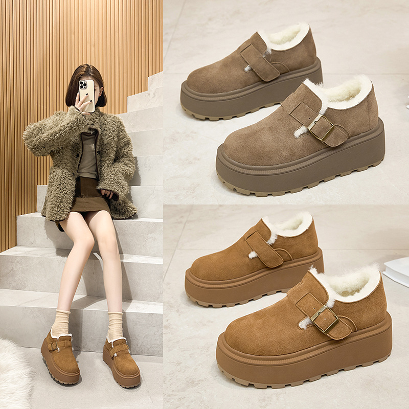 小码真皮厚底勃肯鞋女2025秋冬新款增高豆豆鞋加绒保暖外穿毛毛鞋