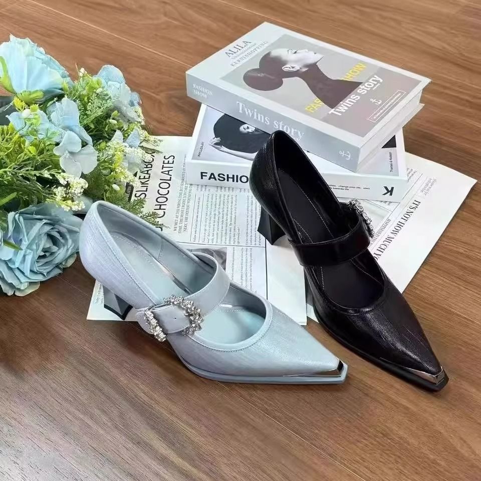 Soft Leather French-style Elegant Rhinestone Pointed-toe Women's Shoes, 2025 New Versatile Model, Mary Jane Shoes With A_vogvips.com