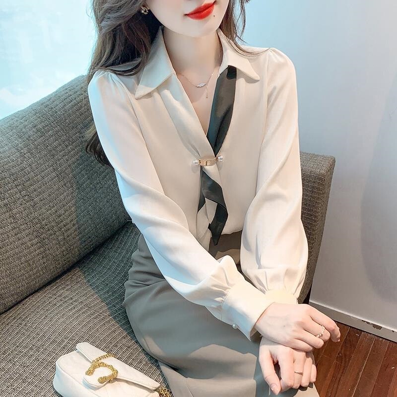 Early Autumn Professional Chiffon Shirt Women's Autumn Wear 2025 New Design Floating Collar Top Light Mature Style