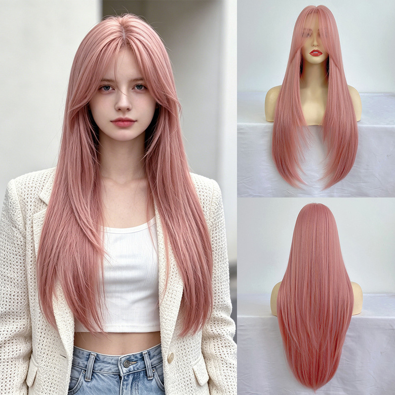 New Foreign Trade Product: Pink Long Straight Hair Wig for Women with Bangs, Synthetic Fiber Wig, Factory Wholesale New Foreign Trade Product: Pink Long Straight Hair Wig for Women with Bangs, Synthetic Fiber Wig, Factory Wholesale