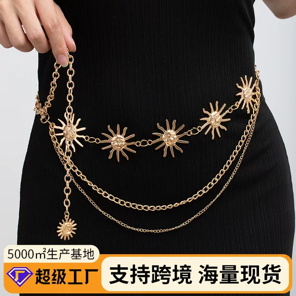 Foreign Trade Elegant Metal Sunflower Waist Chain for Women, Adjustable Dress Waist Accessory, Multi-Layer High-End Chain Belt Accessory