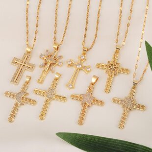 Europe and the United States hot selling simple copper inlaid zirconium star moon cross pendant female personality all-match lip necklace wholesale