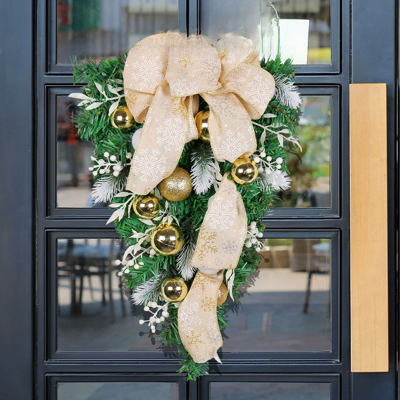 Amazon golden bow pine needle inverted tree 2025 cross-border Christmas ball wreath mall hotel door hanging decoration