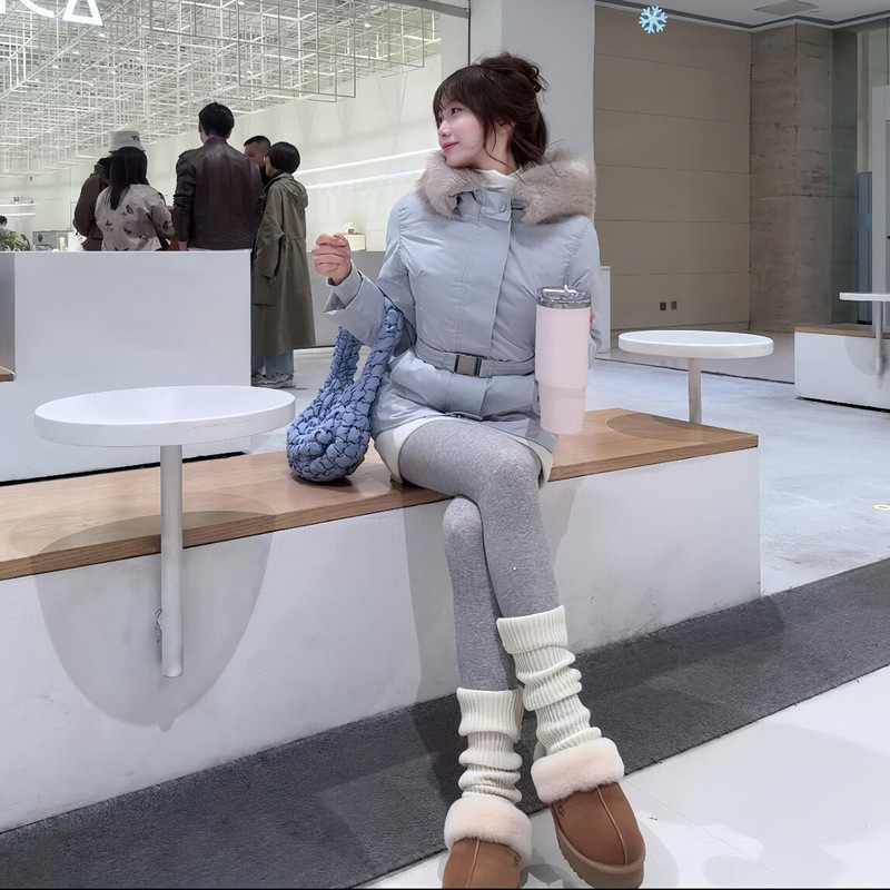 Girly Style Light Blue Fur Collar down Jacket for Women Winter Mid-Length Belt Waist Cotton Thickeneded Warm Jacket