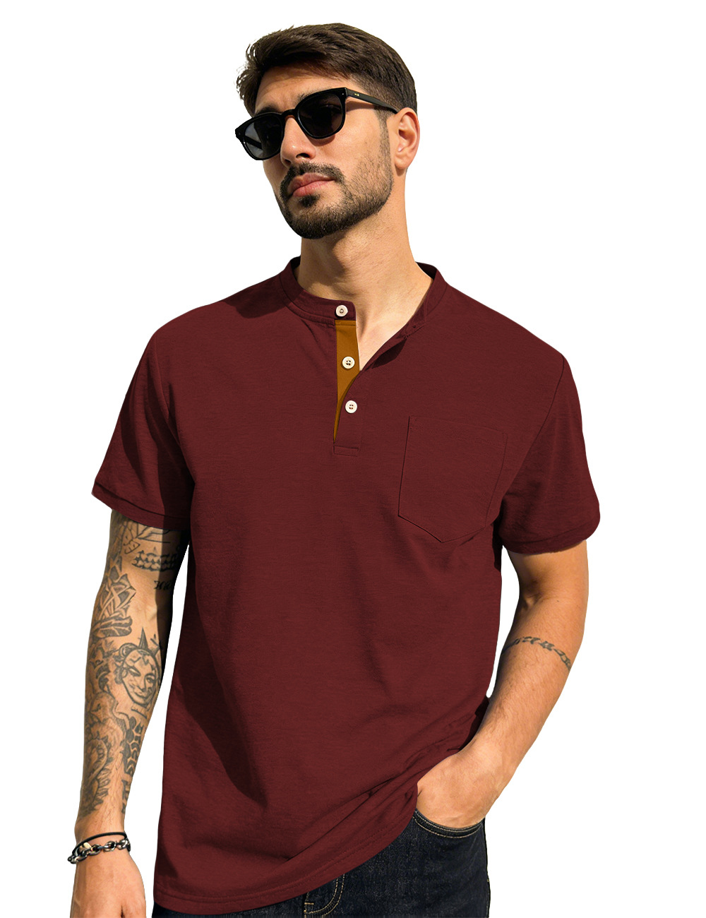 Estación independiente de verano hombre monocolor Henry polo camiseta superior americano casual comercio exterior camiseta de manga corta