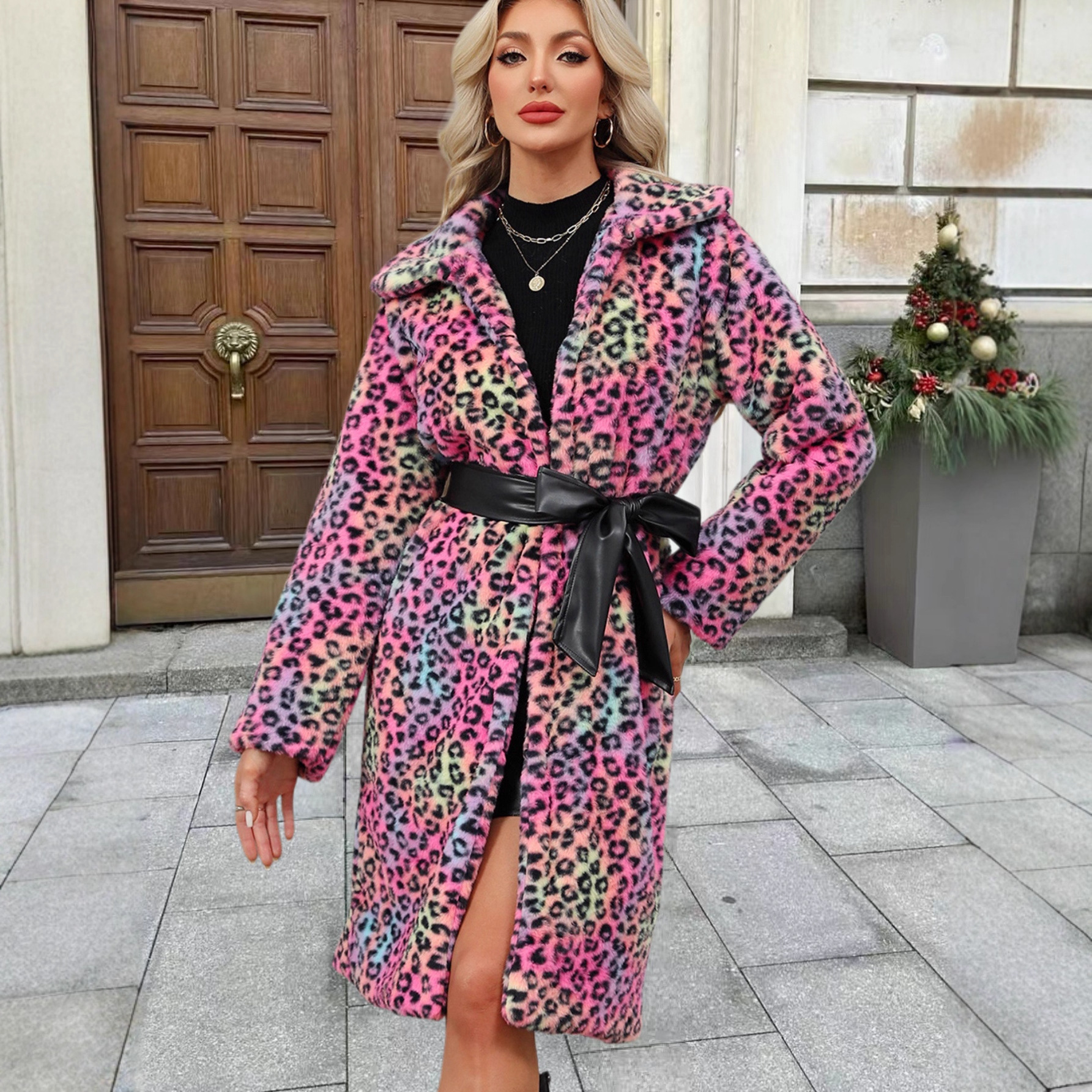 Women's Clothing Luxury Faux Fur Coat – Leopard Print Winter Coat With Notched Collar For Women_voghion.com