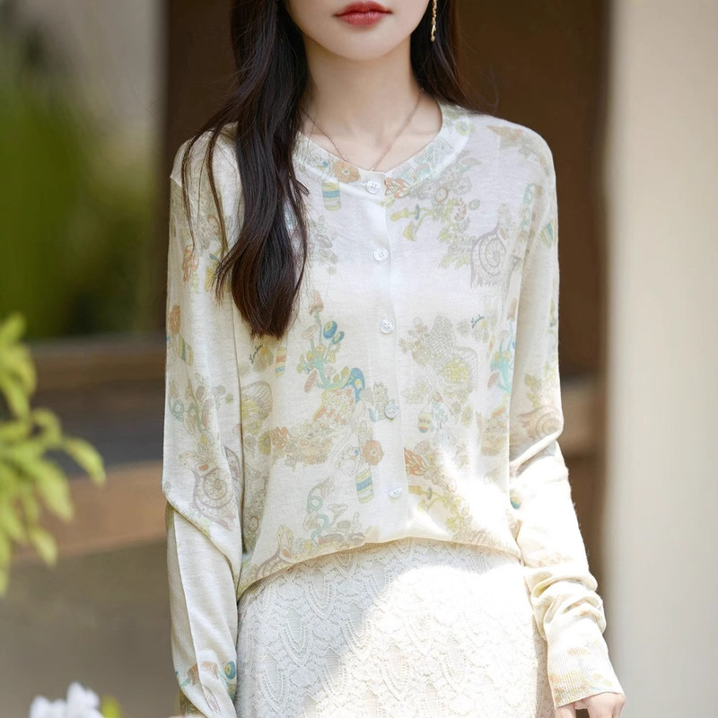26-Year New Model Women's Water-Soluble Wool Round-Neck Cardigan with Printed Design, Lightweight Single-Breasted Long-Sleeve Coat
