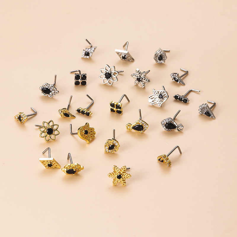 Fashion Geometric Stainless Steel Inlay Artificial Pearls Zircon Nose studs 1 Piece