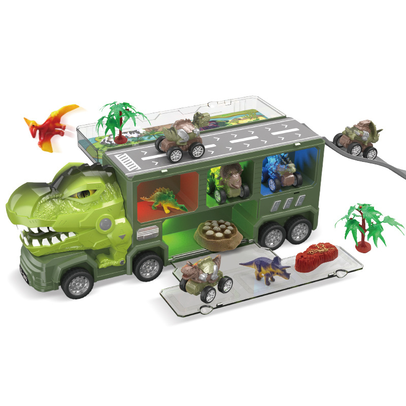 Transfronterizo nuevo coche de almacenamiento de dinosaurios inercia eléctrica tire de tiranosaurio transporte contenedor camión modelo juguetes para niños image 5