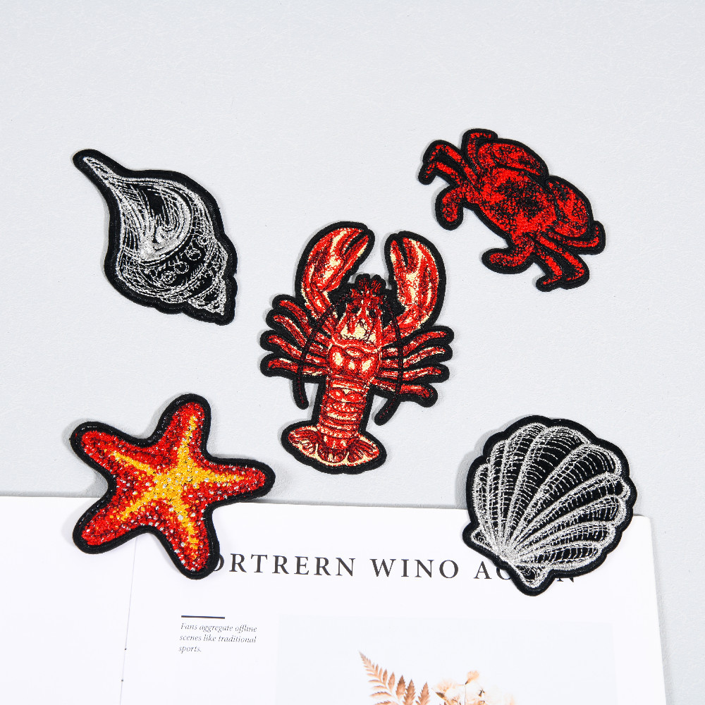 馨文现货直销电脑绣花布贴海洋生物龙虾螃蟹海螺扇贝海星服装配批