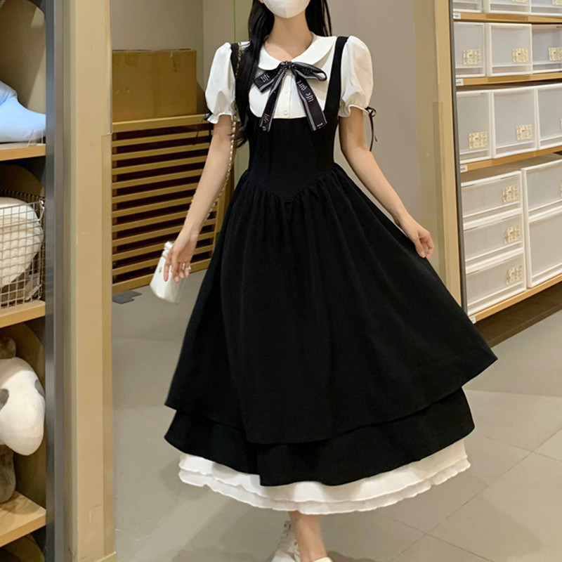 Plus-Size College-Style Korean Shirt Spliced Fake Two-Piece Dress Summer Waist-Cinching Japanese Sweet Doll Collar Little Black Dress