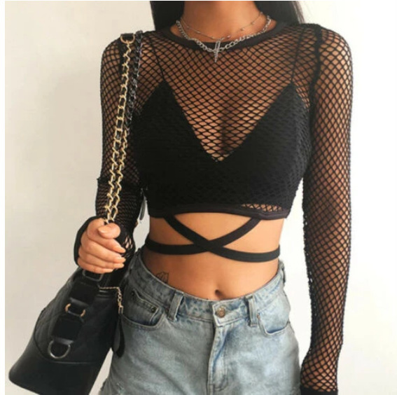 European and American ins fashion 2022 spring and summer new fashion mesh round neck hollow strap navel bottoming women's one-piece delivery
