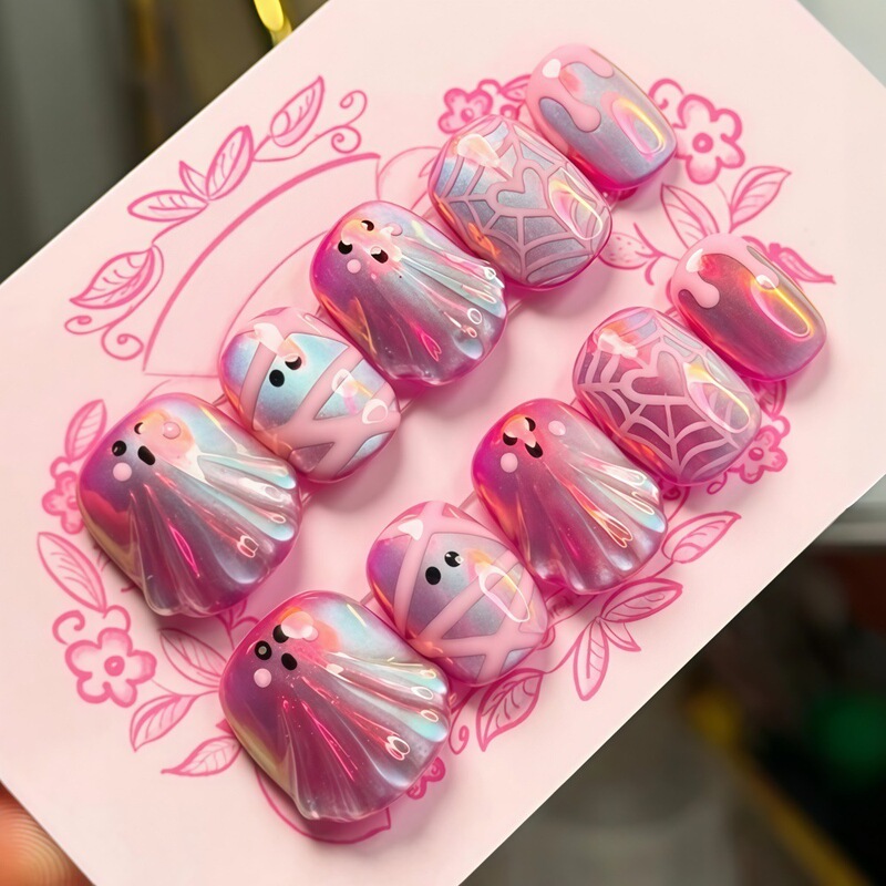 Halloween Soft and Cute Ghost Cat-Eye Nails Sweet Girl Heart Spider Web Mummy Pink Venom Dripping Fake Nails