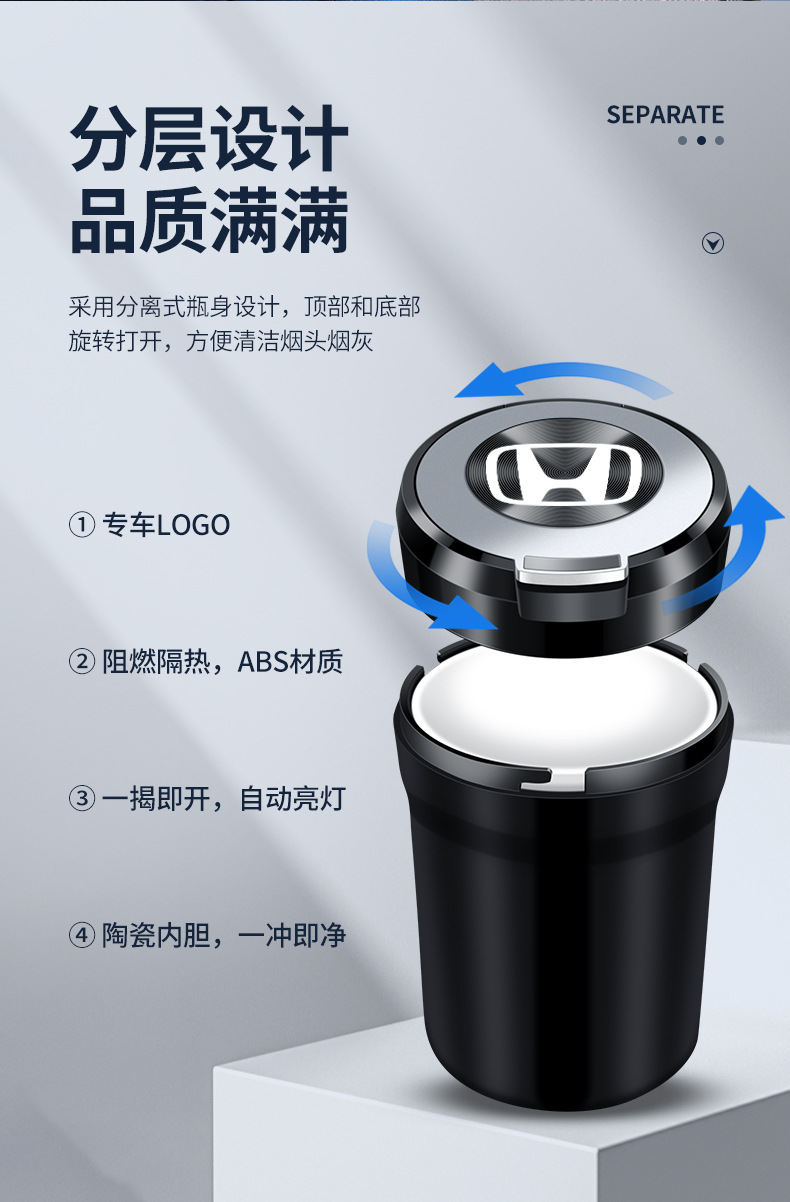 New Car Ashtray with Flip-Top Lid, Light-Up Ceramic Liner, Sealed to Prevent Fly Ash and Smoke Smell, Large-Capacity Ashtray