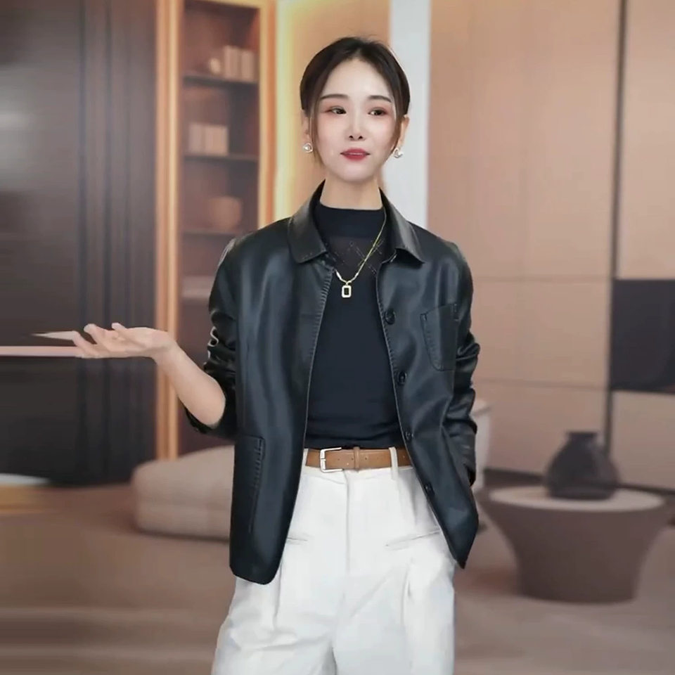 Áo khoác da PU nữ dáng ôm ngắn một hàng khuy cổ bẻ — màu cà phê, đen, Lông cừu đen, Màu cà phê với fleece chi tiết 2
