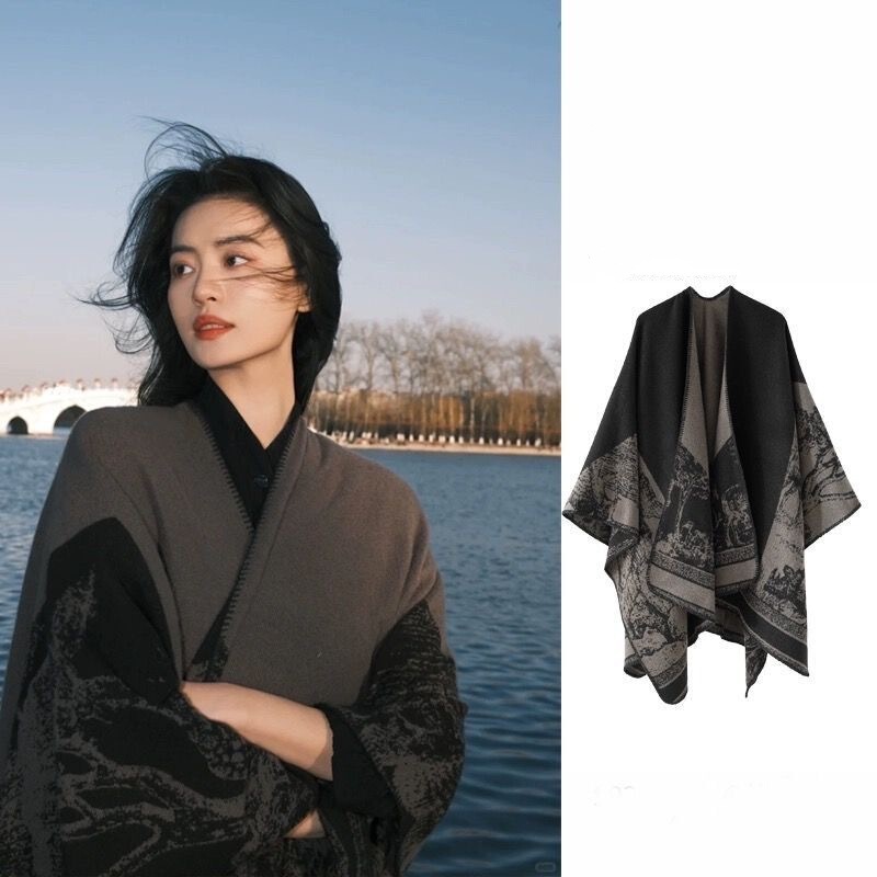 Minimalist Design Niche Dark Style Cape Imitation Cashmere Double-Sided Autumn and Winter Unisex Split Scarf High-End Warm Shawl