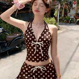 辣妹风波复古肩显瘦小清新度假分体比基尼胸显女性泳衣保守女夏男